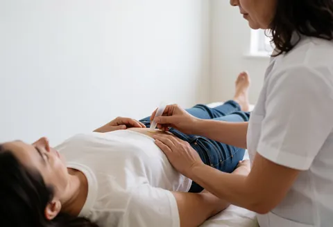 Un thérapeute pratique un massage avec ventouses sur l'abdomen d'un client dans une pièce lumineuse et blanche, mettant en évidence le soin du corps.