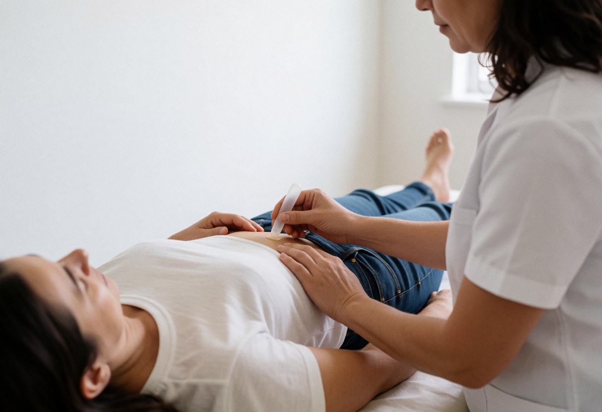Un thérapeute pratique un massage avec ventouses sur l'abdomen d'un client dans une pièce lumineuse et blanche, mettant en évidence le soin du corps.