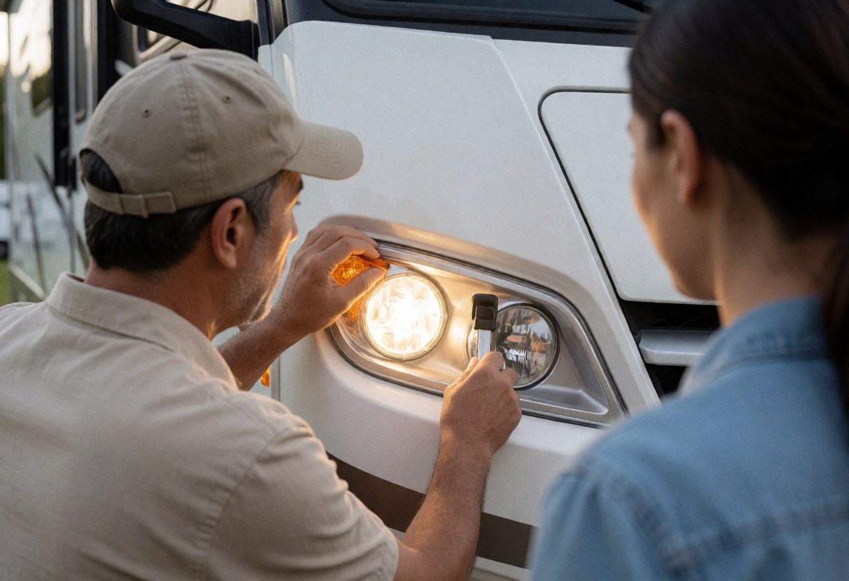 Un homme examine les phares d'un camping-car blanc pendant qu'une femme observe la scène de maintenance dans un campement.