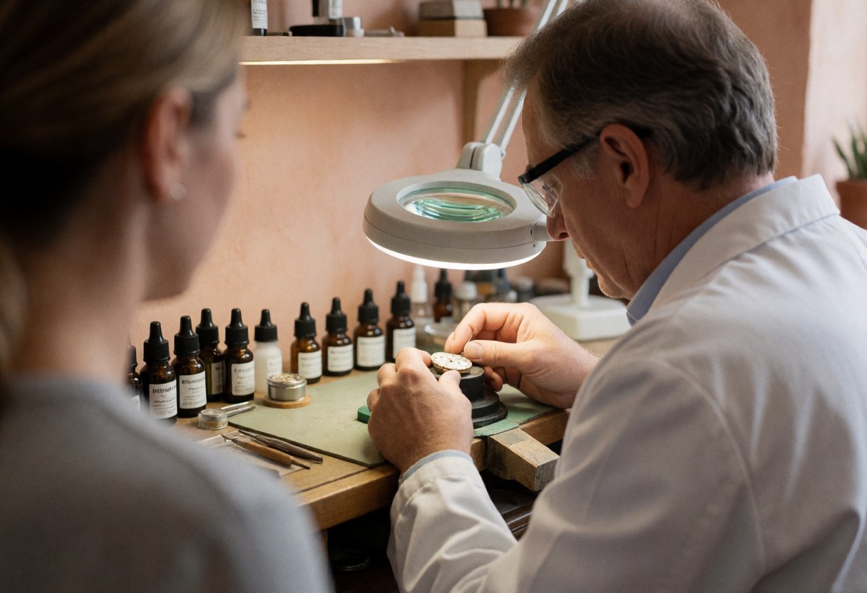 Un horloger professionnel travaille sur une pièce de montre à l'aide d'une loupe dans son atelier, entouré d'outils et de produits de nettoyage.
