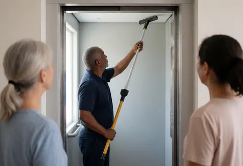 Un technicien professionnel nettoie le plafond d'un ascenseur avec une fenêtre laissant entrer la lumière naturelle pendant que deux personnes observent le service.