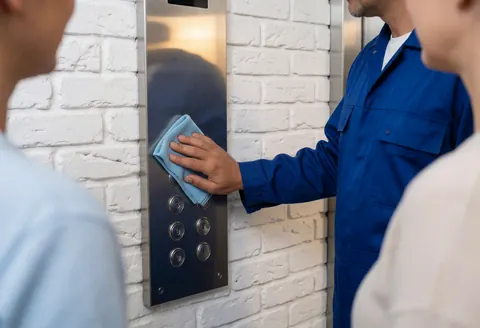 Un technicien en uniforme bleu utilise un chiffon en microfibre pour nettoyer des boutons en acier inoxydable d'un ascenseur, sur un mur de briques blanches avec une lumière chaude.