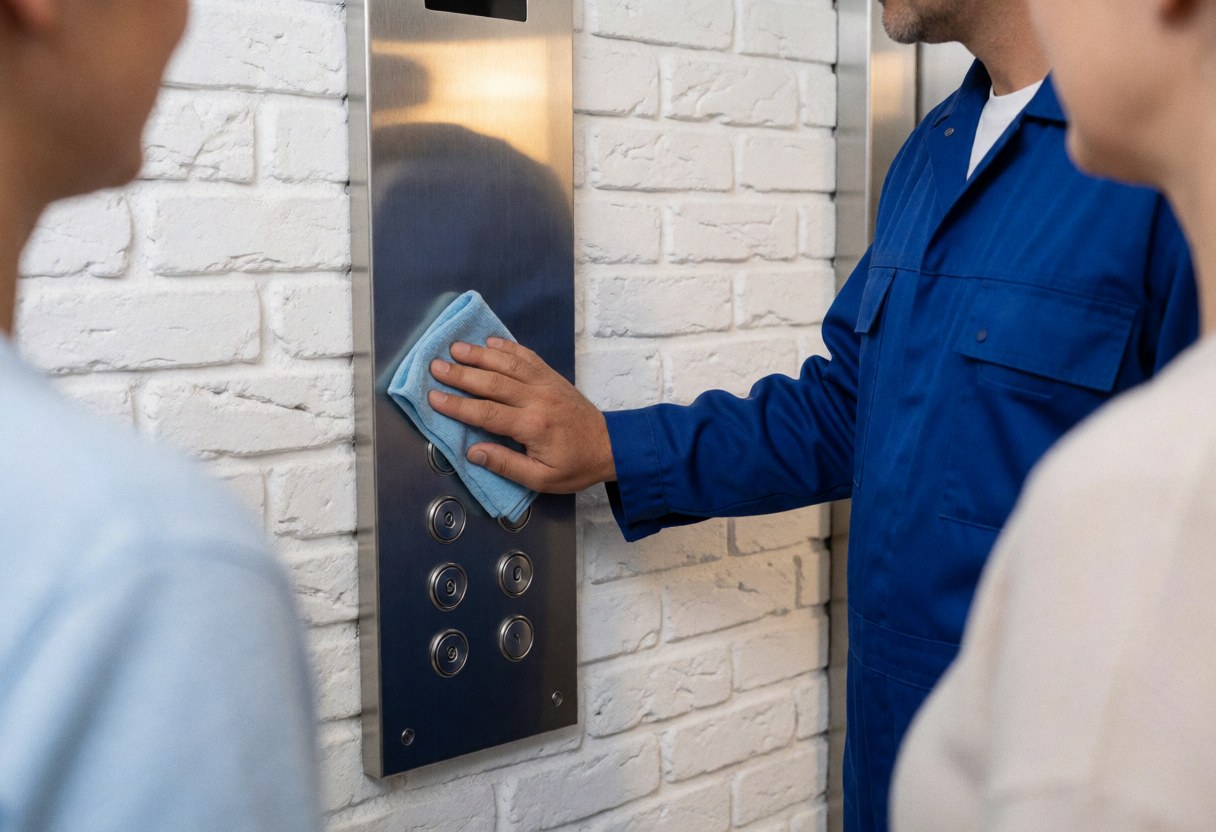 Un technicien en uniforme bleu utilise un chiffon en microfibre pour nettoyer des boutons en acier inoxydable d'un ascenseur, sur un mur de briques blanches avec une lumière chaude.