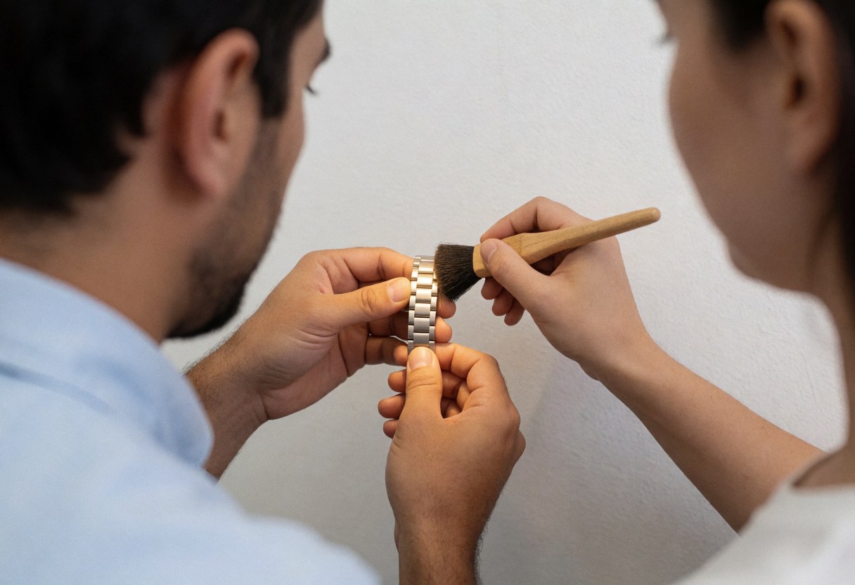 Un technicien en train de nettoyer délicatement un bracelet de montre métallique à l'aide d'un pinceau sur une surface blanche dans un atelier de réparation.