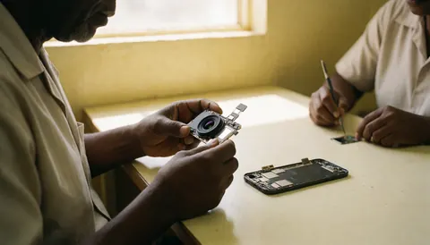 Un technicien tient un module de caméra de téléphone pendant qu'un autre travaille en arrière-plan sur une table éclairée par la lumière naturelle.