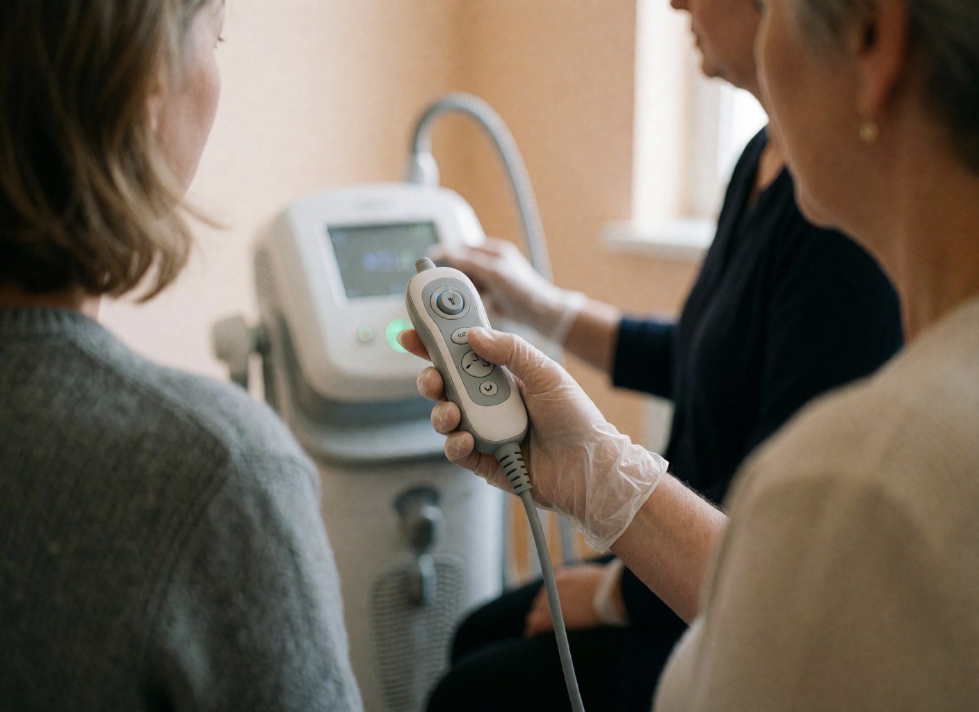 Thérapeute en gant ajustant le boîtier de commande d'un appareil de traitement de l'acné dans un cabinet dermatologique moderne.