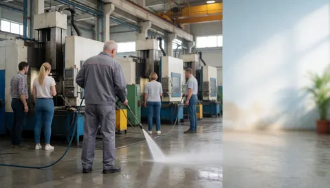 Des employés nettoient le sol d'une usine à l'aide d'un jet haute pression, avec des machines en arrière-plan.