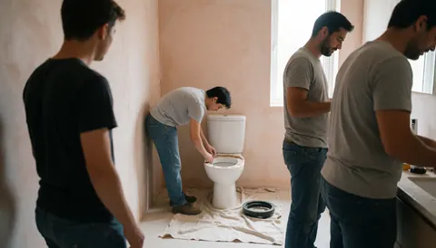Des ouvriers effectuent la pose d'un WC dans une salle de bain aux murs en terre cuite, l'un ajuste le siège sur un tissu protecteur.