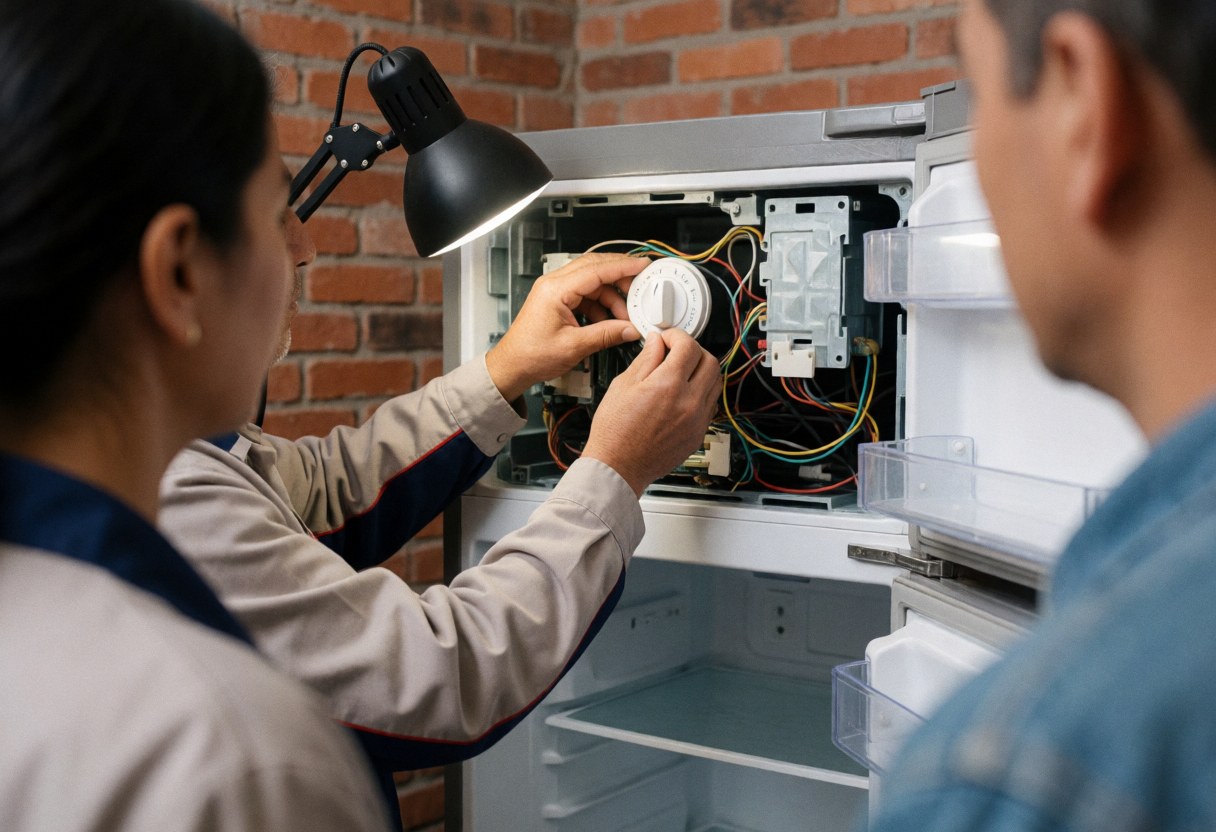 Un technicien en uniforme effectue une réparation sur le panneau de contrôle d'un réfrigérateur avec un éclairage de travail, dans un environnement intérieur.