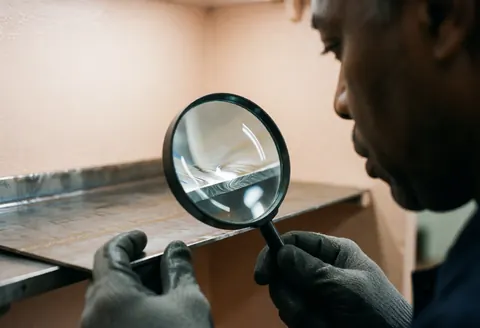 Un technicien examine attentivement le bord d'une pièce en métal estampé à l'aide d'une loupe dans un atelier industriel.