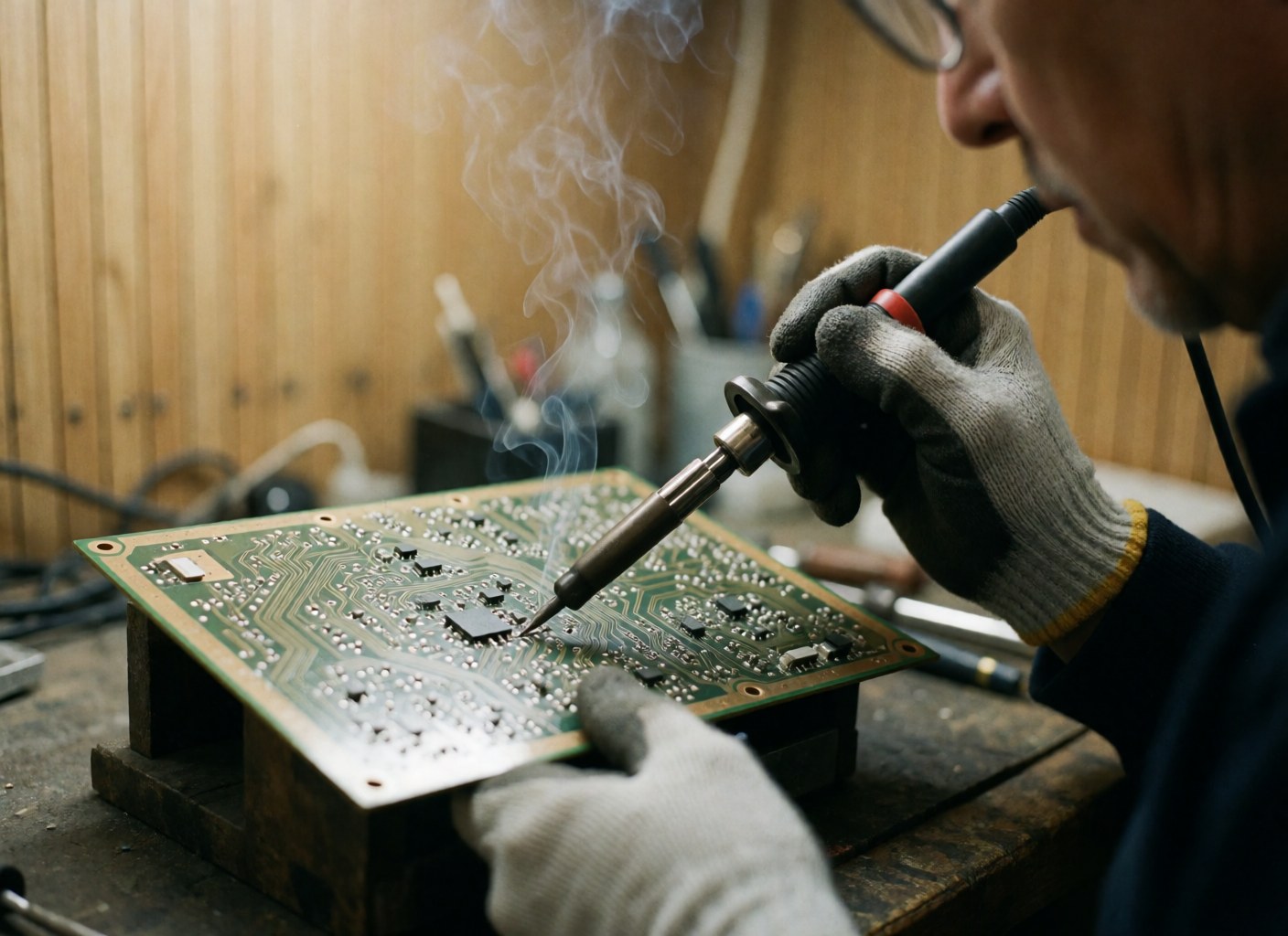 Un technicien portant des gants effectue une soudure sur une carte électronique dans un atelier aux murs en bois, illustrant la réparation d'équipements.