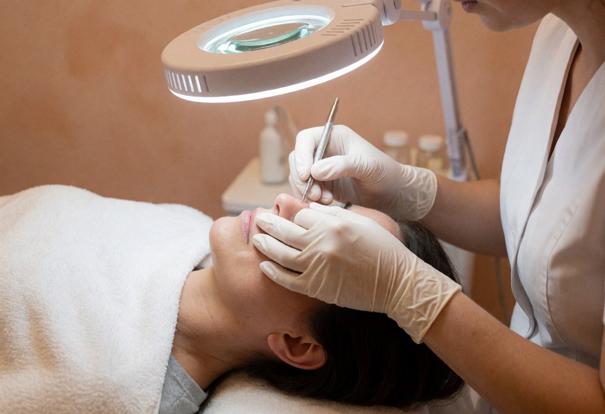 Un praticien en gants effectue une extraction cutanée sur un client au visage visible, utilisant un instrument métallique dans un cadre clinique avec mur terracotta.