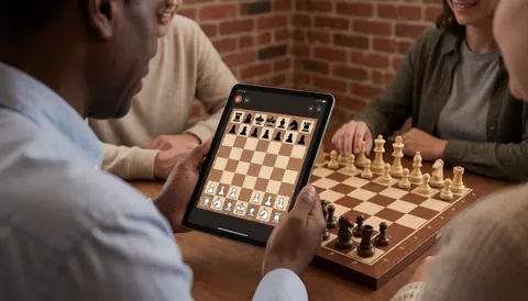 Individu jouant aux échecs sur une tablette et un échiquier physique dans une pièce avec mur en briques, ambiance chaleureuse pour des cours.