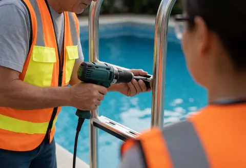 Un technicien portant un gilet de sécurité fixe une échelle en acier inoxydable au bord d'une piscine à eau bleue, lors d'une intervention en cours.