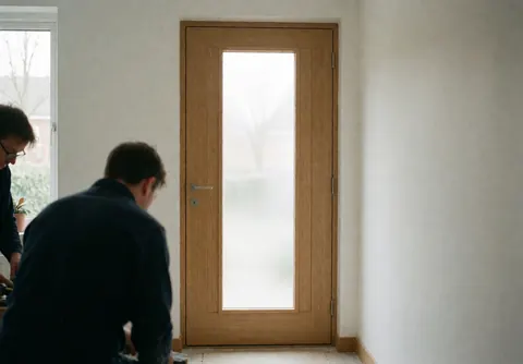 Deux travailleurs posent une porte intérieure en bois avec panneau de verre dans un couloir aux murs blancs éclairé par la lumière naturelle.