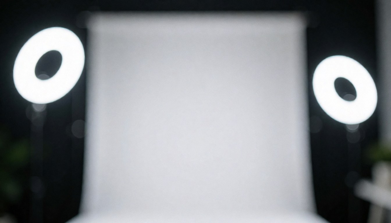 Fond blanc pour photographie avec deux lumières de ring brillantes dans un studio sombre, idéal pour les textes de services de lamination des sourcils.