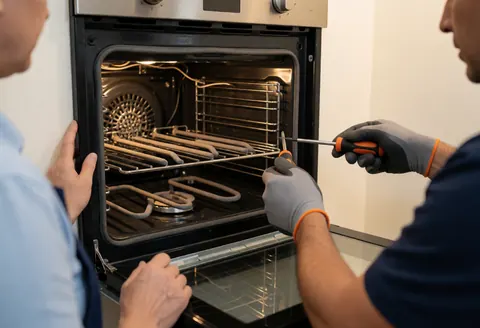 Technicien ganté répare un four à gaz en montrant les éléments de chauffage et l'intérieur du four lors d'une intervention technique.
