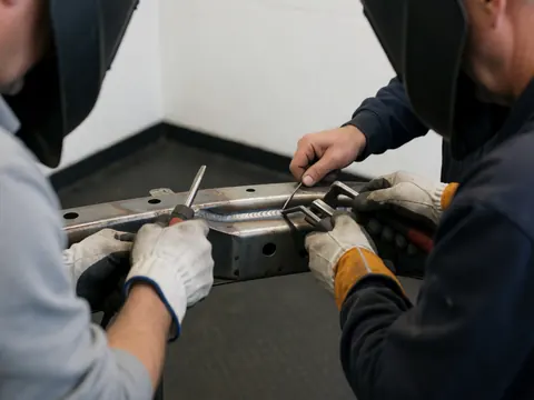 Deux techniciens en casques et gants ajustent une soudure sur un châssis de véhicule dans un atelier aux murs blancs.