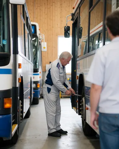 Un mécanicien en uniforme examine attentivement une roue de bus dans un atelier à l'aide d'une outils, tandis qu'un autre travailleur se tient dos tourné.
