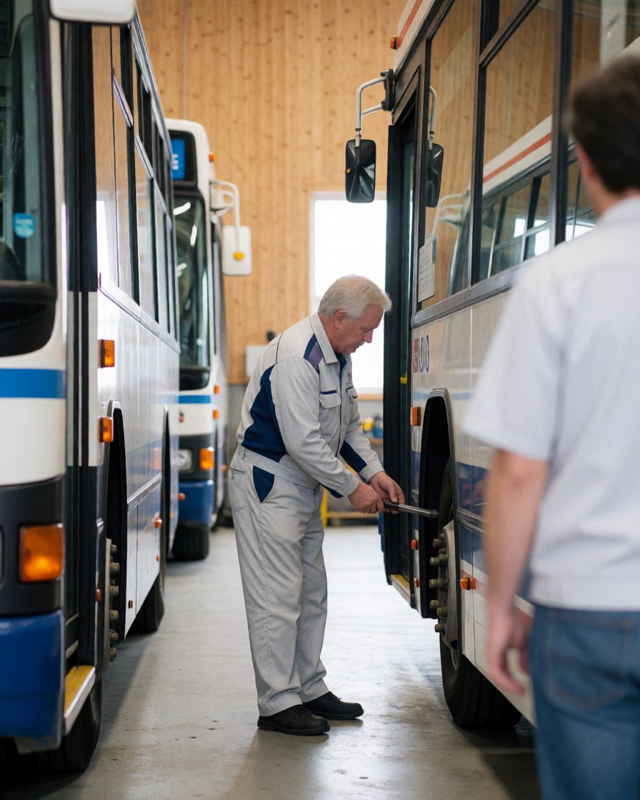 Un mécanicien en uniforme examine attentivement une roue de bus dans un atelier à l'aide d'une outils, tandis qu'un autre travailleur se tient dos tourné.