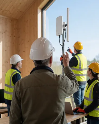 Des techniciens en casques et gilets de sécurité installent une antenne Wi-Fi dans une pièce aux murs en bois, illustrant un service technique en cours.