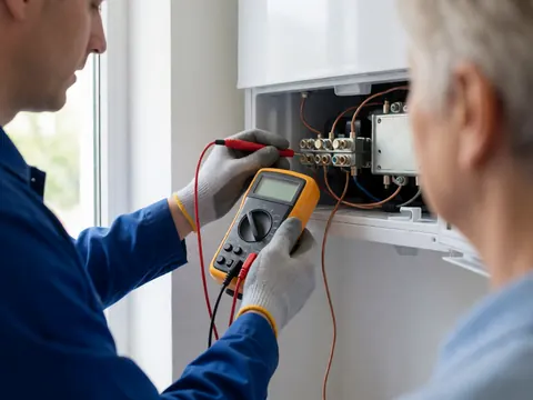 Un technicien en gants utilise un multimètre sur les bornes d'un réfrigérateur pendant qu'un client observe la scène par la lumière naturelle.