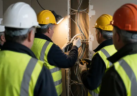 Des électriciens en casques et gilets de sécurité effectuent des travaux de câblage dans un mur lors d'une opération de construction.