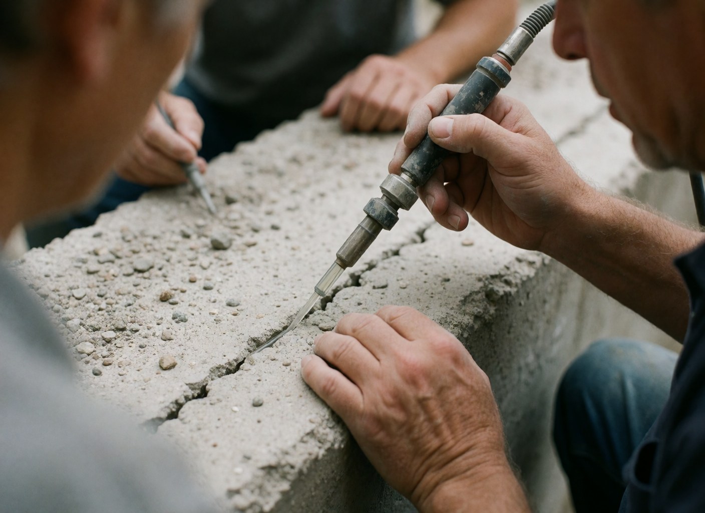 Travailleur applique de la résine dans une fissure de béton avec un outil pour réparer les fondations en génie civil.