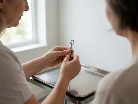 Des mains préparent un instrument métallique sur un plateau dans un salon moderne éclairé par la lumière naturelle.
