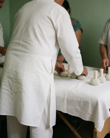 Un praticien en massage ayurvédique place des compresses d'herbes médicinales sur une table blanche recouverte de tissu dans un espace de bien-être.