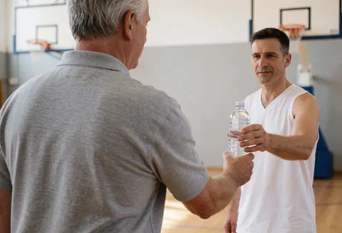 Un entraîneur de basket-ball tend une bouteille d'eau à un joueur sur un parquet de gymnase avec des paniers visibles en arrière-plan.