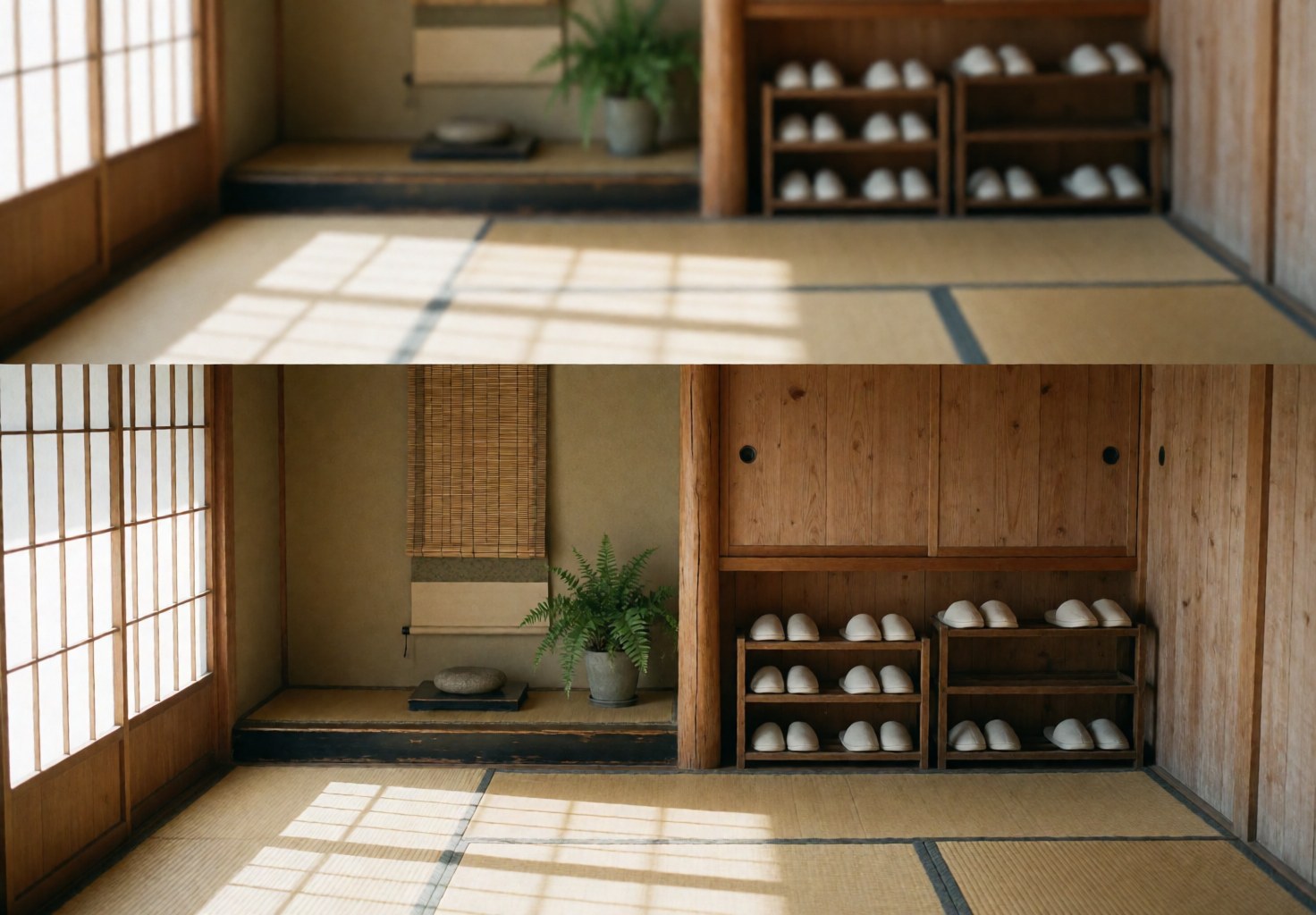 Entrée japonaise calme avec tatami, bambou, plantes et chaussures blanches, idéale pour un centre de shiatsu.