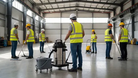 Équipe de nettoyage industriel en action dans un entrepôt, avec des travailleurs portant casques et gilets réfléchissants pour le maintien des espaces industriels.