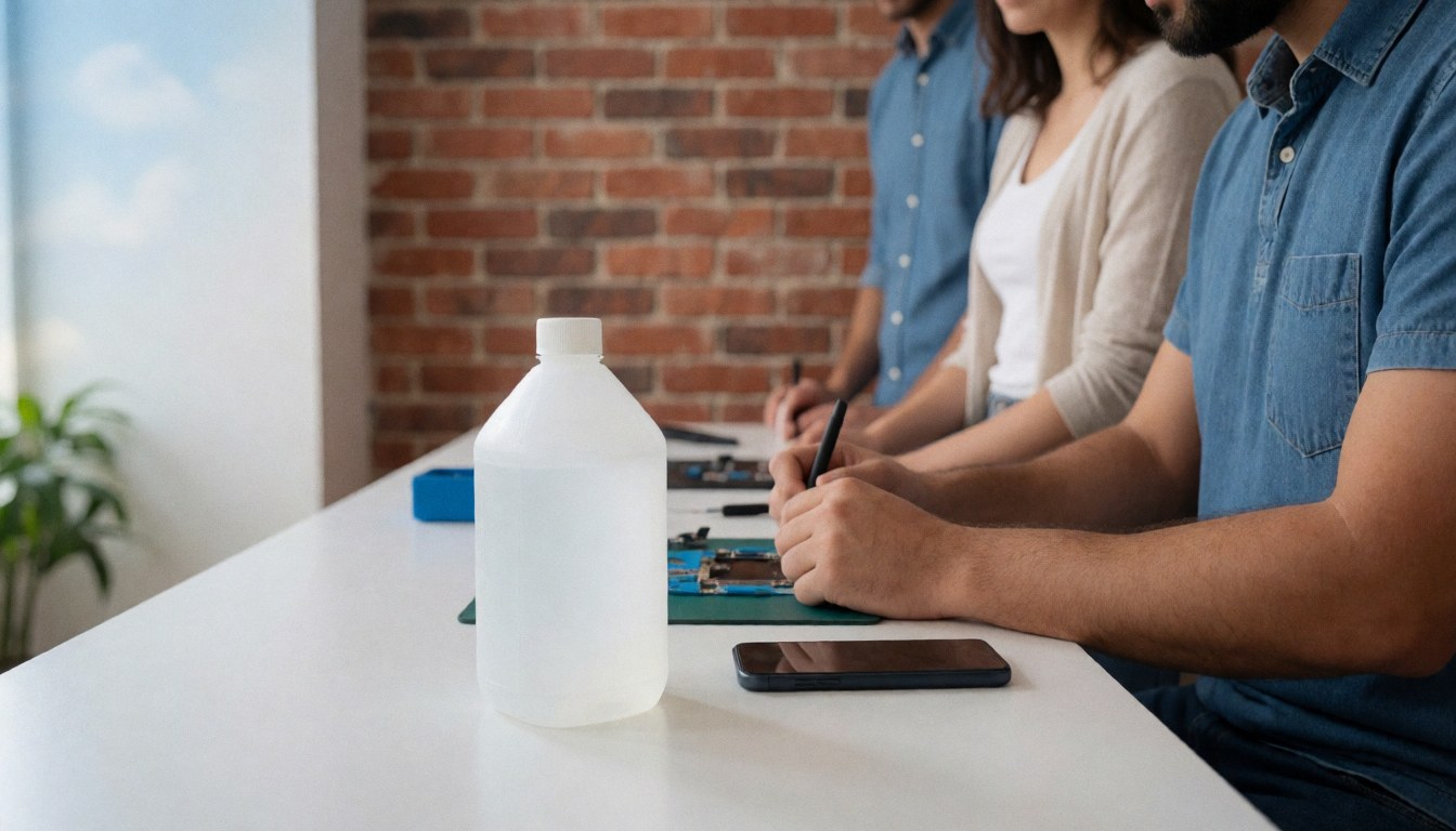 Trois personnes réparent un téléphone sur une table blanche avec une bouteille d'alcool isopropylique, mur en briques rouges et lumière naturelle.