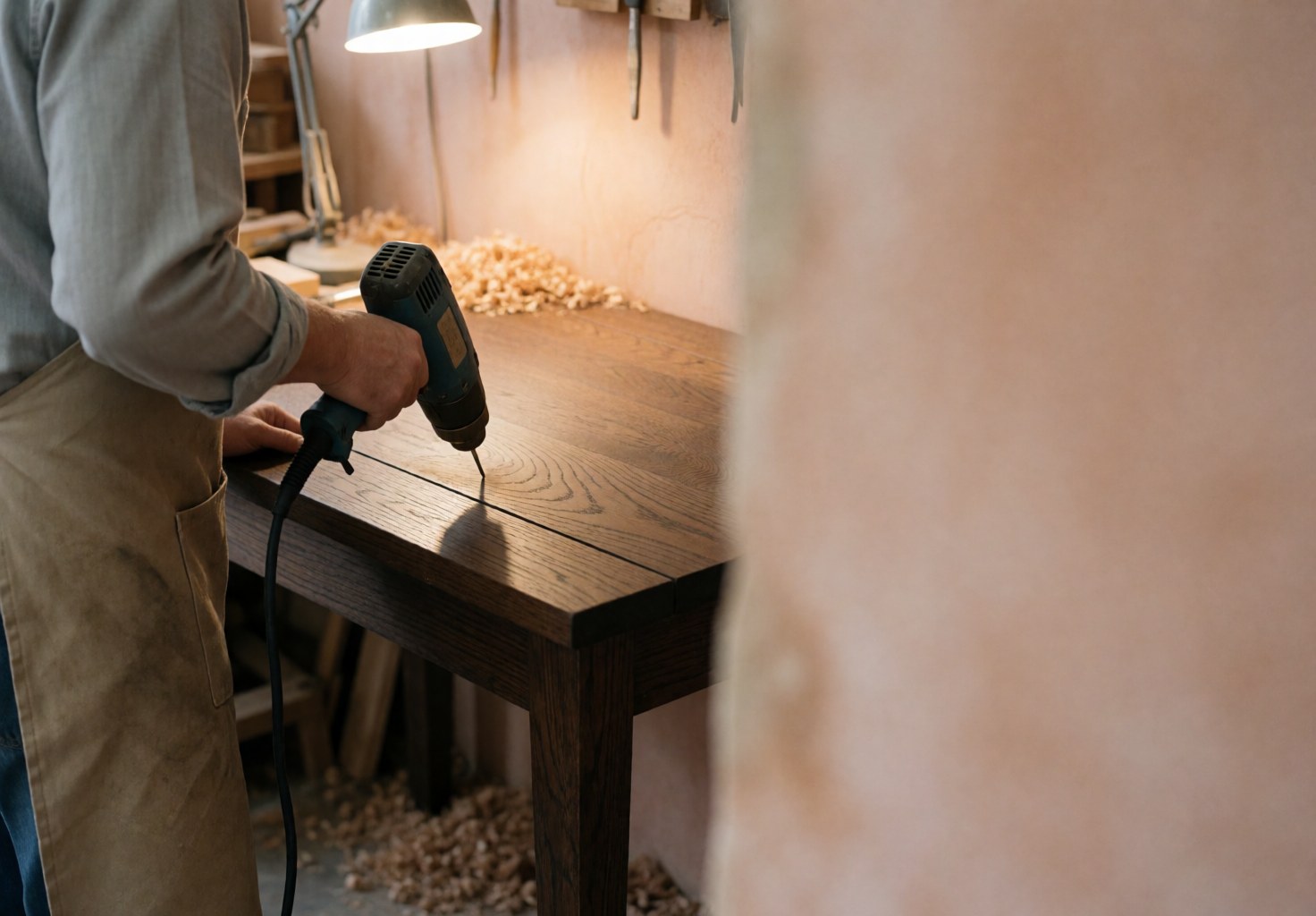 Un menuisier portant un tablier répare une table en bois avec une perceuse électrique, des copeaux et une lampe de bureau dans un atelier aux murs en enduit terracotta.