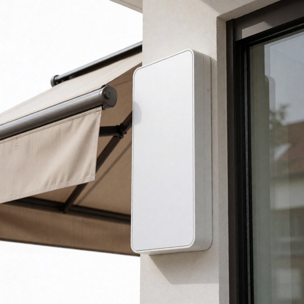 Panneau blanc monté sur un mur à côté d'un auvent beige partiellement déployé, idéal pour un commerce d'auvents modernes.