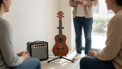 Salle de cours d'ukulélé avec instrument et amplificateur, personnes assises et une debout, ambiance chaleureuse pour apprendre la musique.