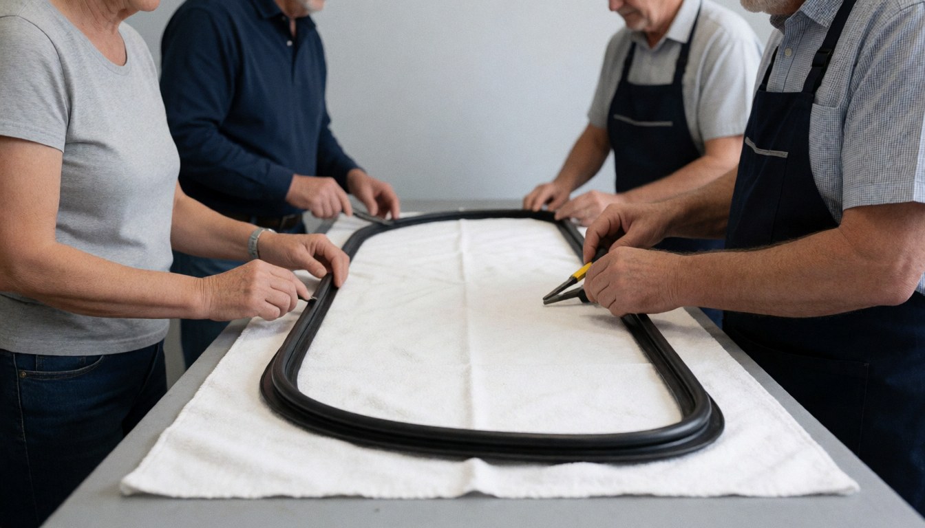 Trois personnes manipulent un joint noir de porte sur une table blanche dans un atelier de réparation d'appareils électroménagers.