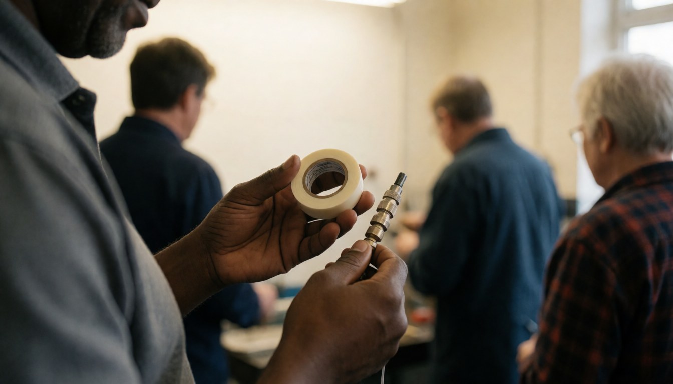 Technicien en atelier de réparation de cuisinières avec ruban téflon et raccord de gaz, murs blancs chauds, personnes travaillant en arrière-plan.