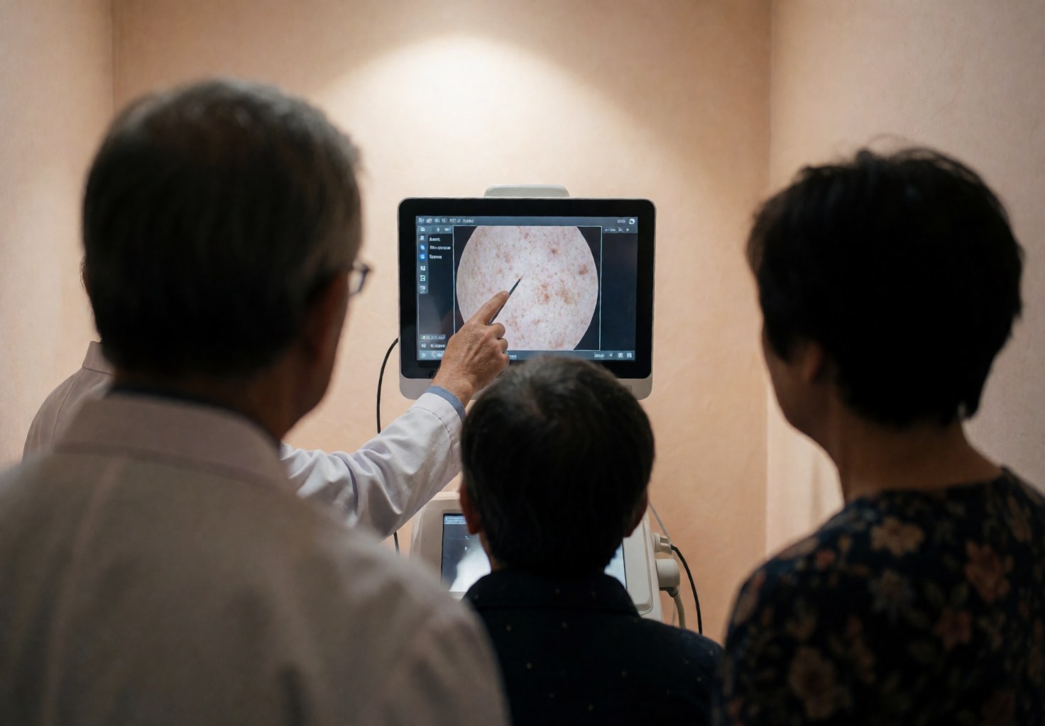 Un dermatologue en blouse blanche pointe un écran numérique affichant une analyse de peau pendant qu'un client observe dans un cabinet aux murs beige.