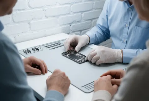 Technicien ganté aligne un boîtier de téléphone sur une table anti-statique devant un mur en briques blanches, trois personnes observent la réparation.