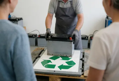 Un technicien portant des gants de protection place une batterie usagée sur une palette marquée d'un symbole vert dans un atelier de recyclage.