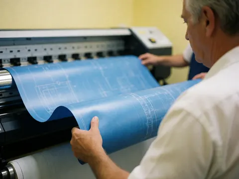 Un homme retire un grand rouleau de plans techniques bleus d'une imprimante professionnelle dans un bureau aux murs jaunes.