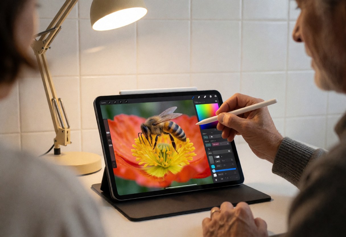 Professionnel retouchant une photo macro d'abeille sur coquelicot avec tablette, éclairage de bureau et murs de carreaux blancs, service de photographie macro.
