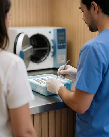 Un technicien en uniforme bleu dispose des instruments stériles sur une tablette posée sur une table en acier inoxydable, avec un autoclave en arrière-plan.
