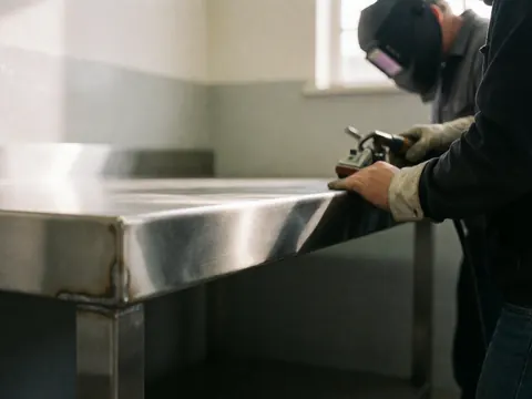 Un soudeur équipé d'un casque et de gants de sécurité ponçant le rebord d'une table en acier inoxydable dans un atelier industriel éclairé par la lumière naturelle.