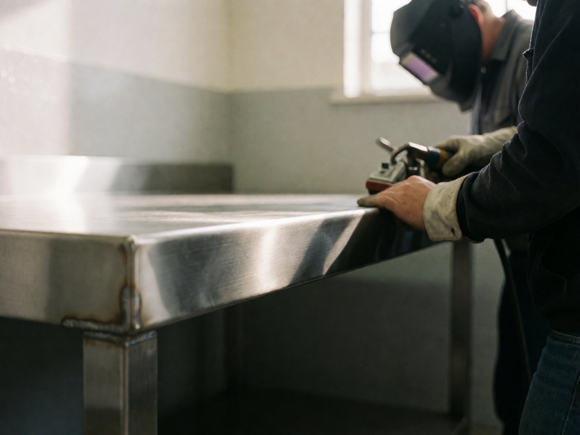 Un soudeur équipé d'un casque et de gants de sécurité ponçant le rebord d'une table en acier inoxydable dans un atelier industriel éclairé par la lumière naturelle.