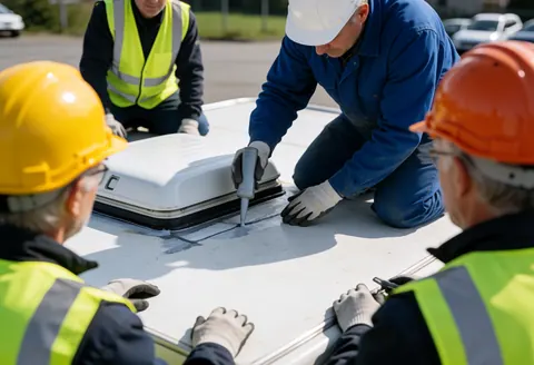 Un technicien applique du mastic autour d'une fenêtre de toit sur un camping-car blanc, tandis que d'autres travailleurs en casques et gilets de sécurité observent.