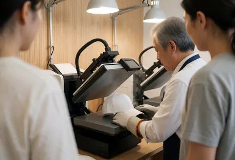 Un ouvrier âgé portant des gants place une casquette blanche sur une presse thermique émettant de la vapeur, observé par deux personnes dans un atelier aux murs clairs.