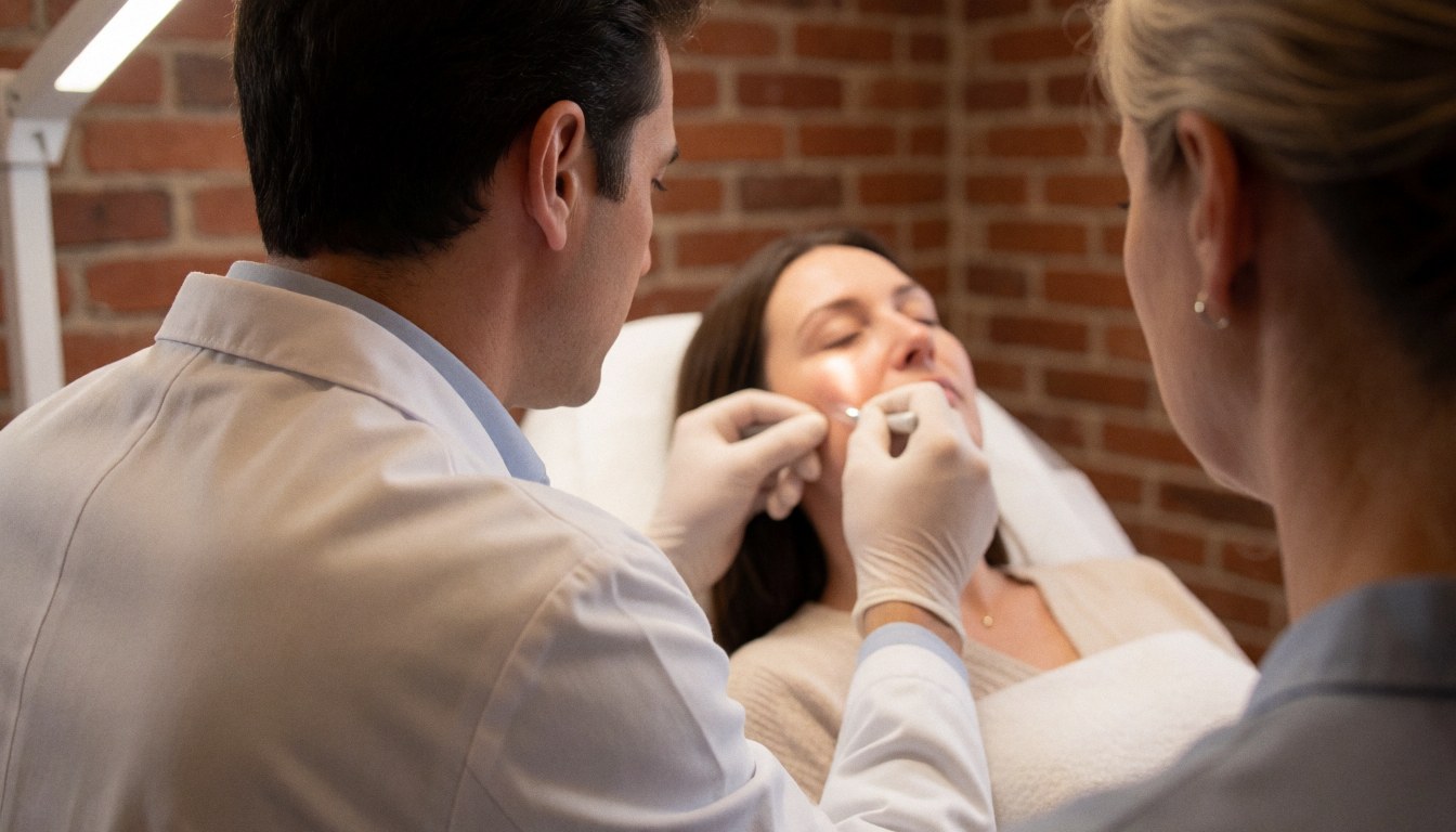 Dermatologue portant des gants appliquant une solution sur le visage d'une patiente dans une clinique aux murs de briques.